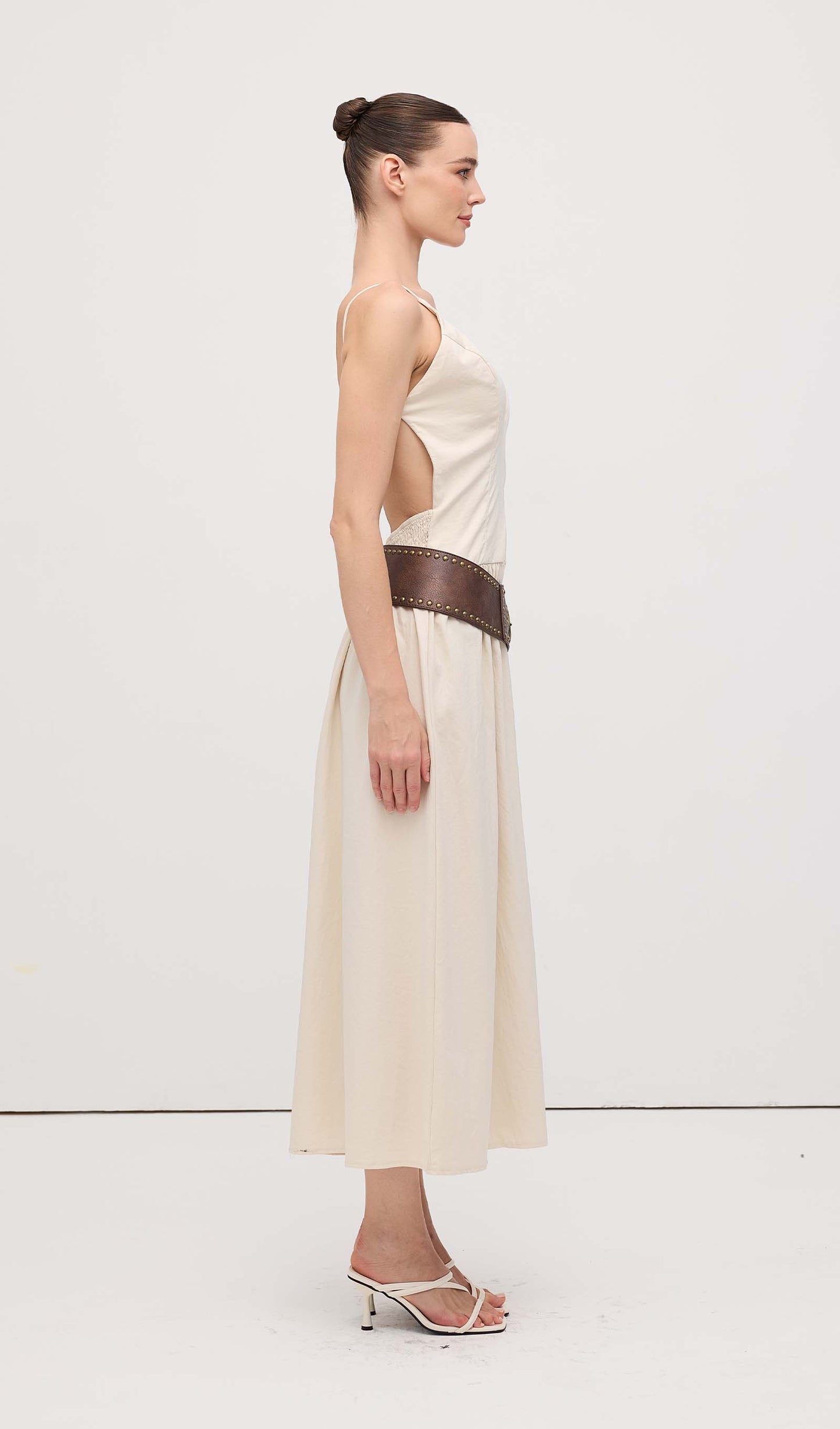 Slit Sleeveless Midi Dress With Belt