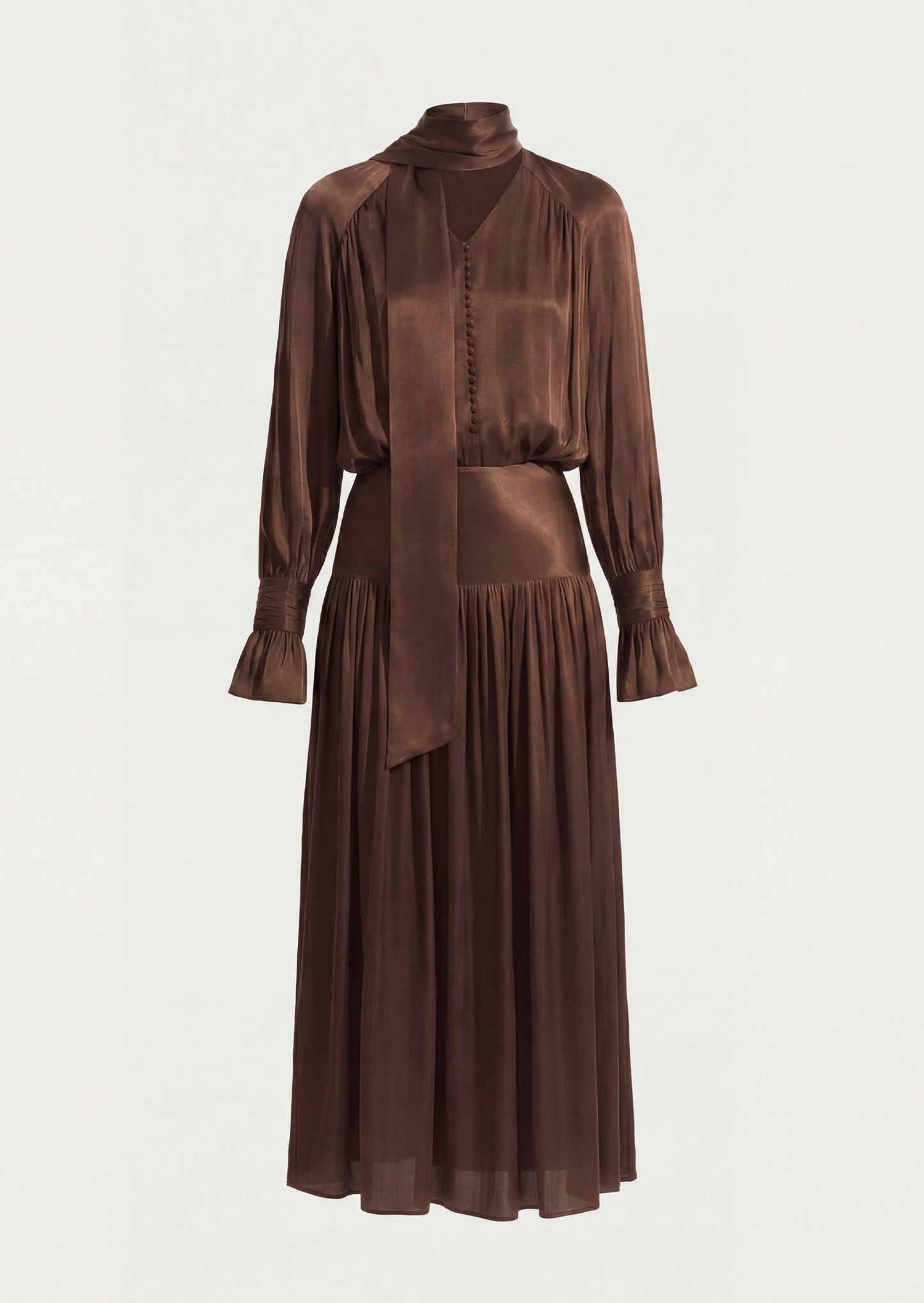 Viscose Midi Dress With Matching Ribbon Scarf In Brown