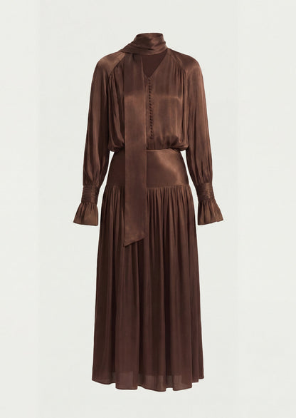 Viscose Midi Dress With Matching Ribbon Scarf In Brown