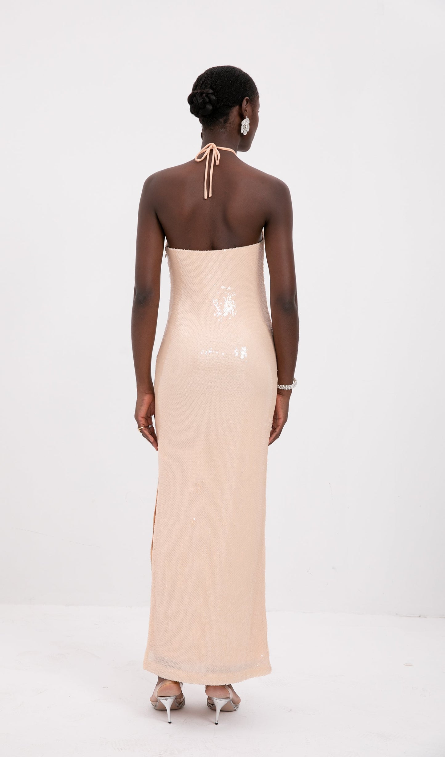 Trendy Floral Halter Neck Sequined Maxi Dress