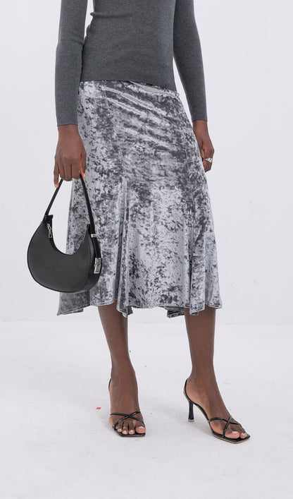 Trendy High Waist Velvet Midi Skirt-Silver