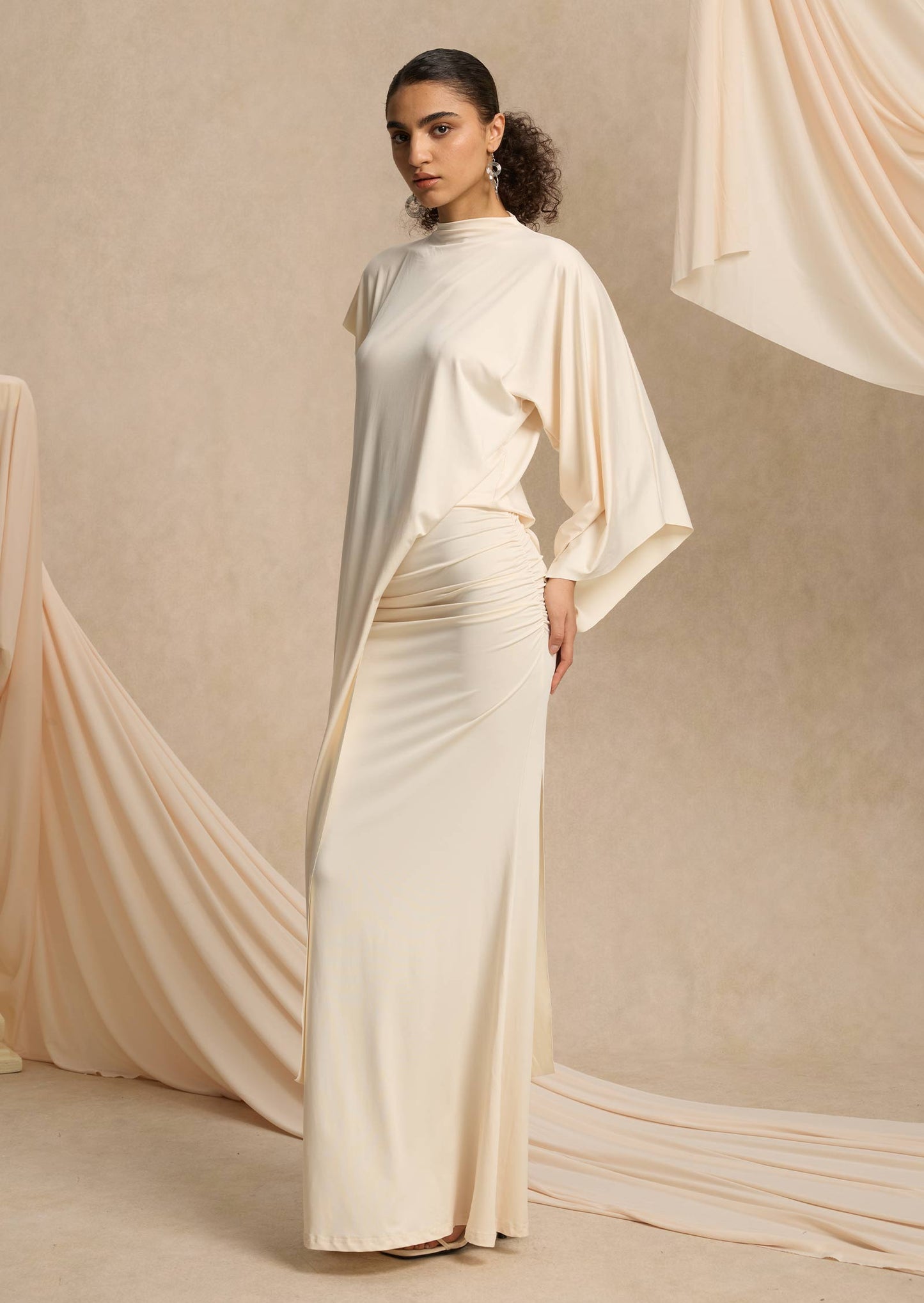 Hiba Asymmetrical Blouse & Maxi Skirt With Draped Set