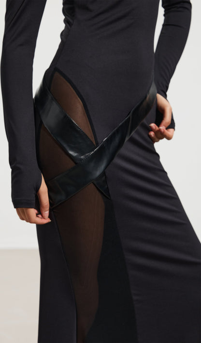 Sheer Patchwork Leather Lace-Up Maxi Dress