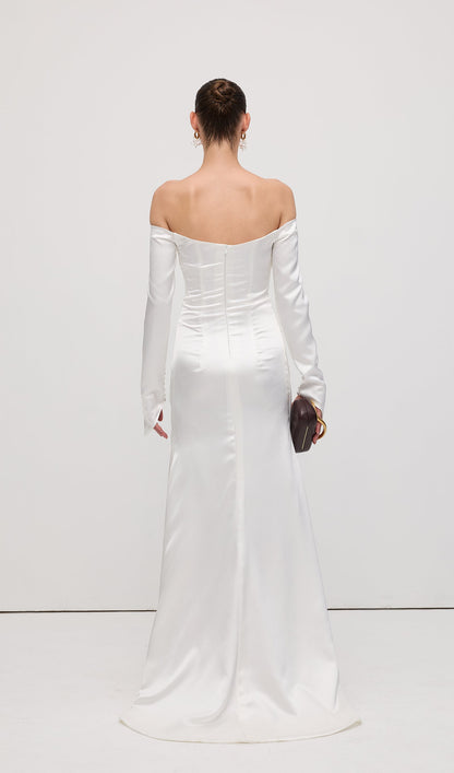 Satin Off Shoulder Ruched Maxi Dress