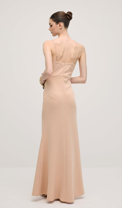 V Neck Sleeveless Slit Maxi Dress In Apricot
