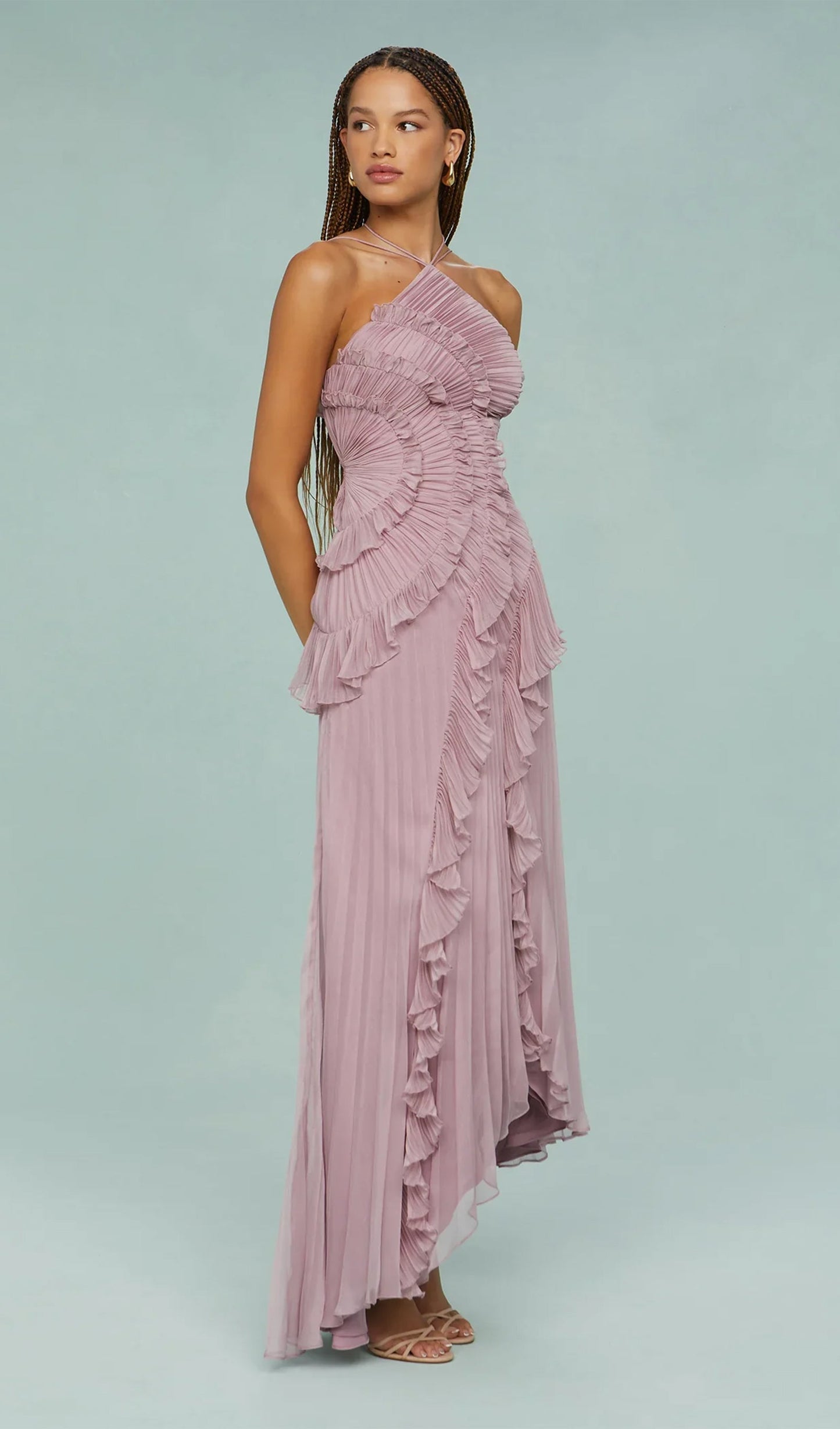 Asymmetry Ruffled Halter Maxi Dress