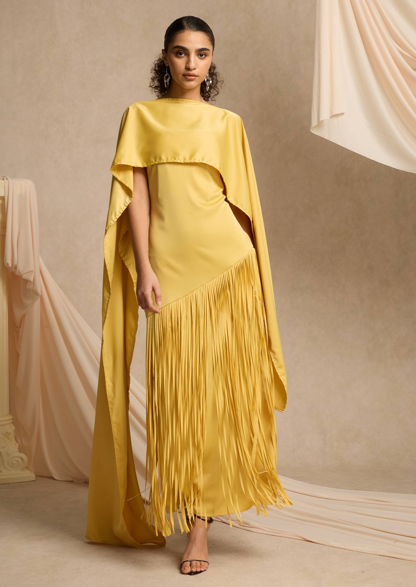 Cape Detailed Fringed Gown