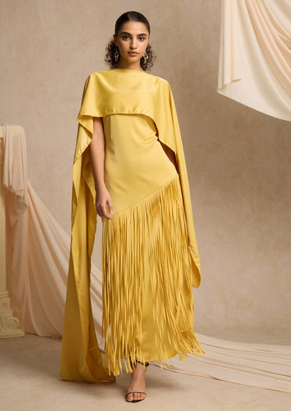 Cape Detailed Fringed Gown