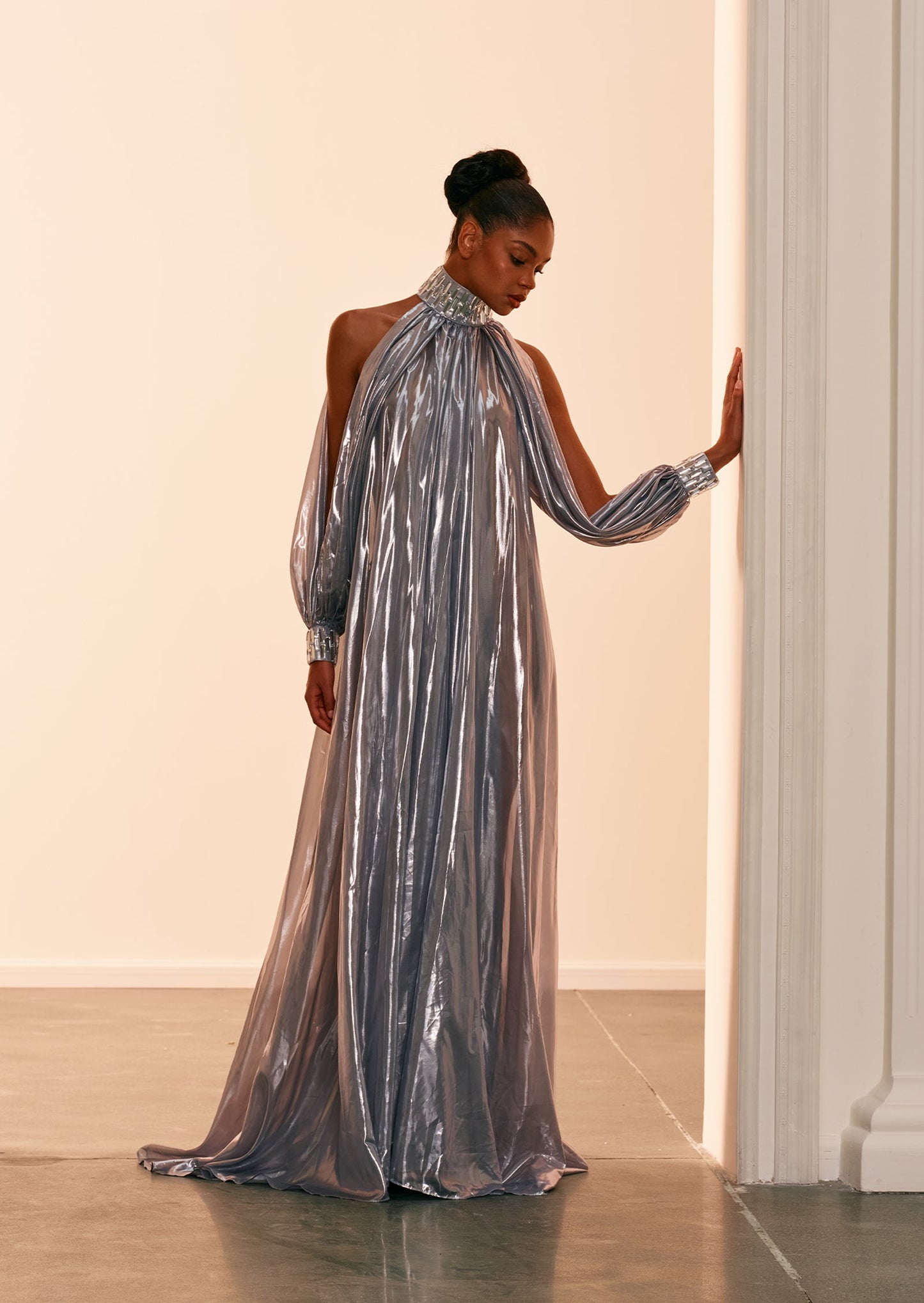 Silver Chiffon Lamé Maxi Dress With Halter Neck