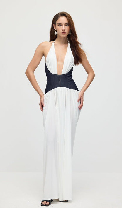 Draped Plunge Gown With Corset Waist