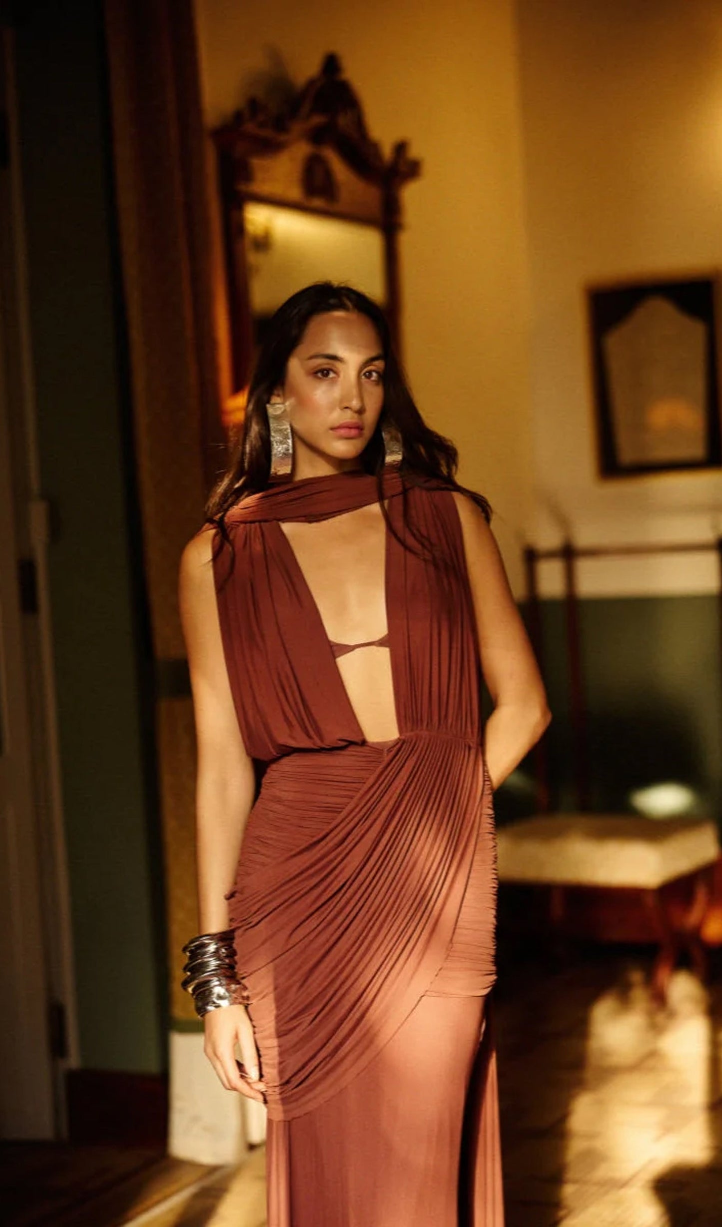 Layali Rose Deep V Neck Pleated Maxi Dress