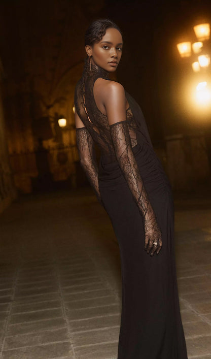 Lace Bodice Ruched Maxi Dress In Black