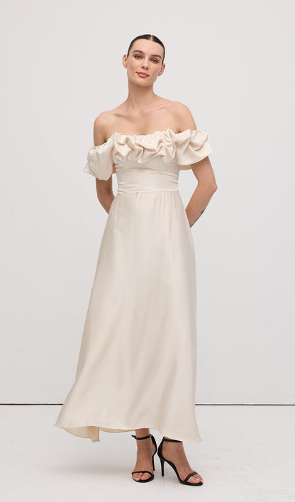 Off Shoulder Ruffle Satin Midi Dress