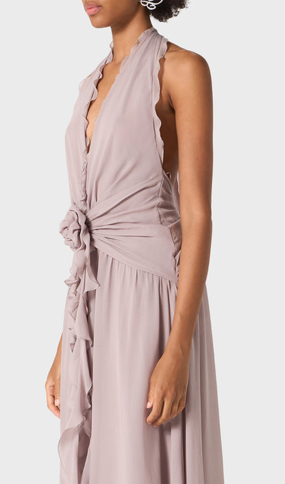 Halter Ruffles Rose Decoration Maxi Dress