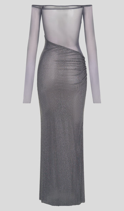 Diamante Off Shoulder Maxi Dress - Gray Purple