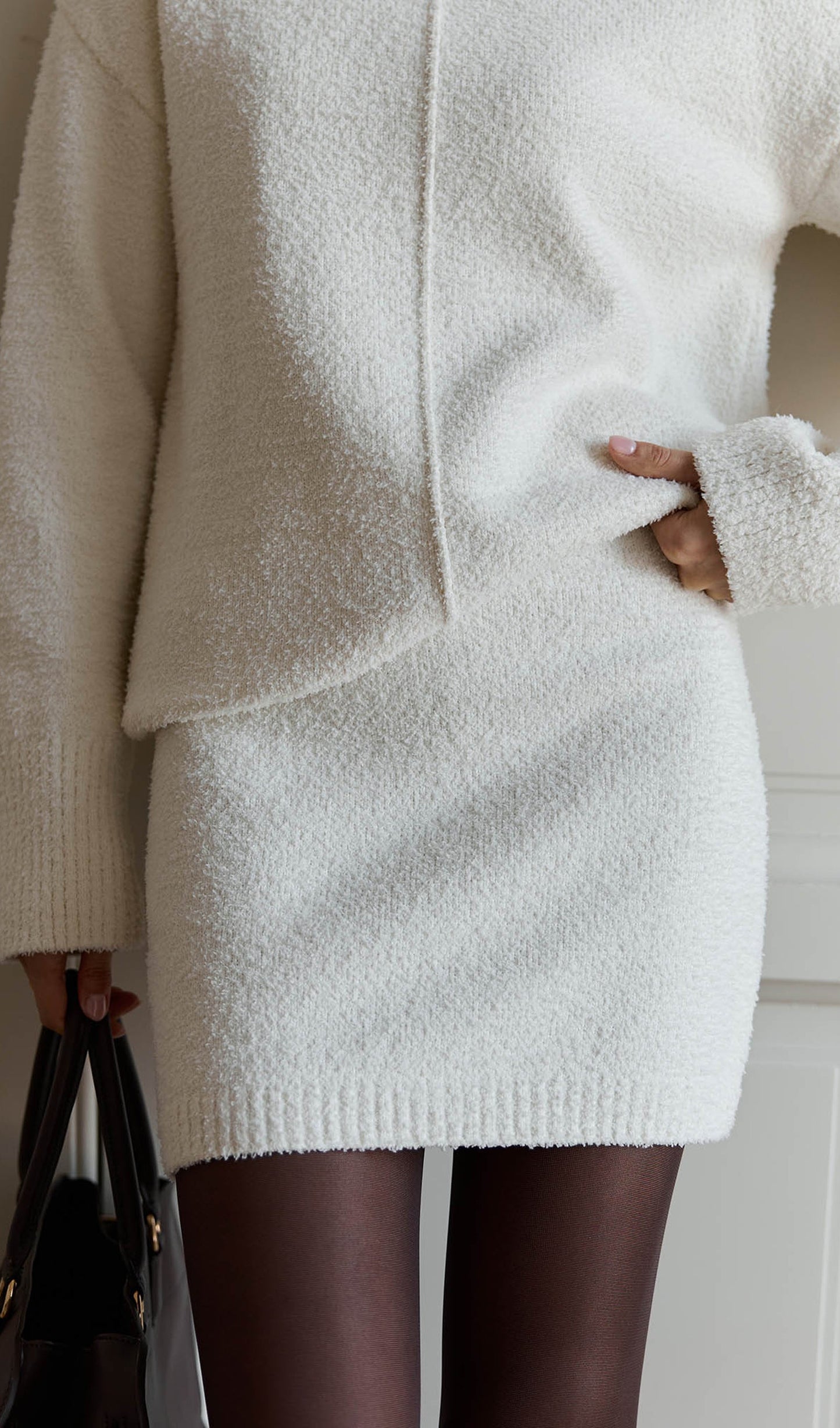 Textured Knitted Jumper & Mini Skirt Set White