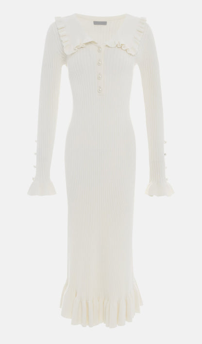 Knitted Ruffle Midi Dress-White