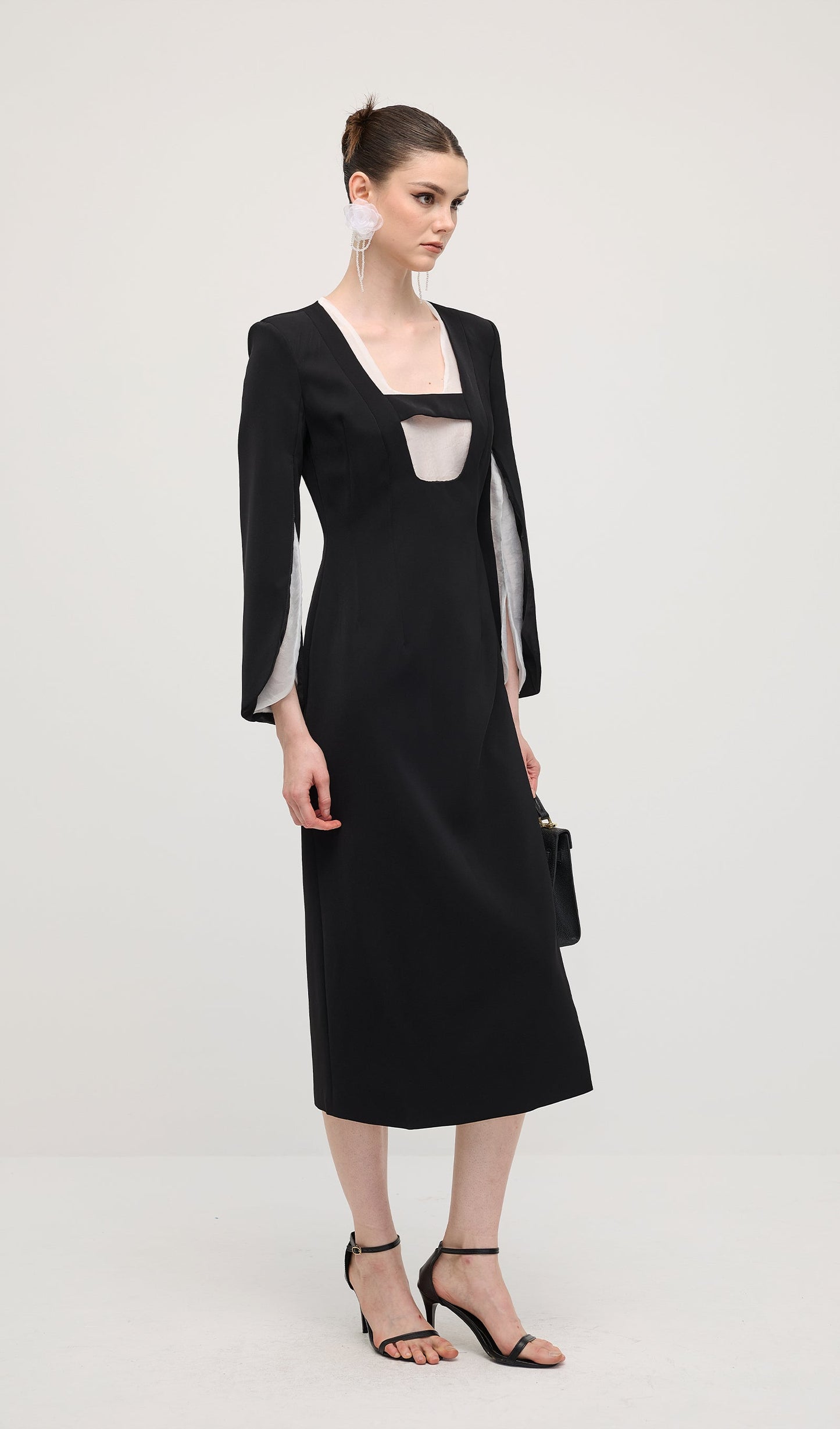 Slit Square Shoulder Midi Dress In Black