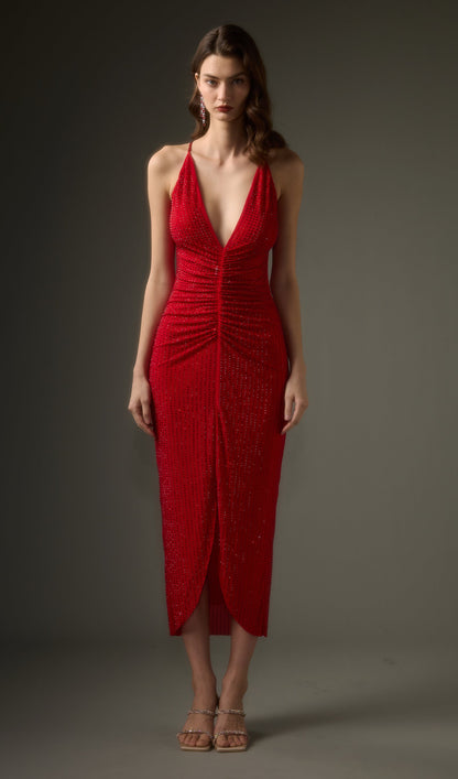 Diamante Ruched Midi Dress In Red