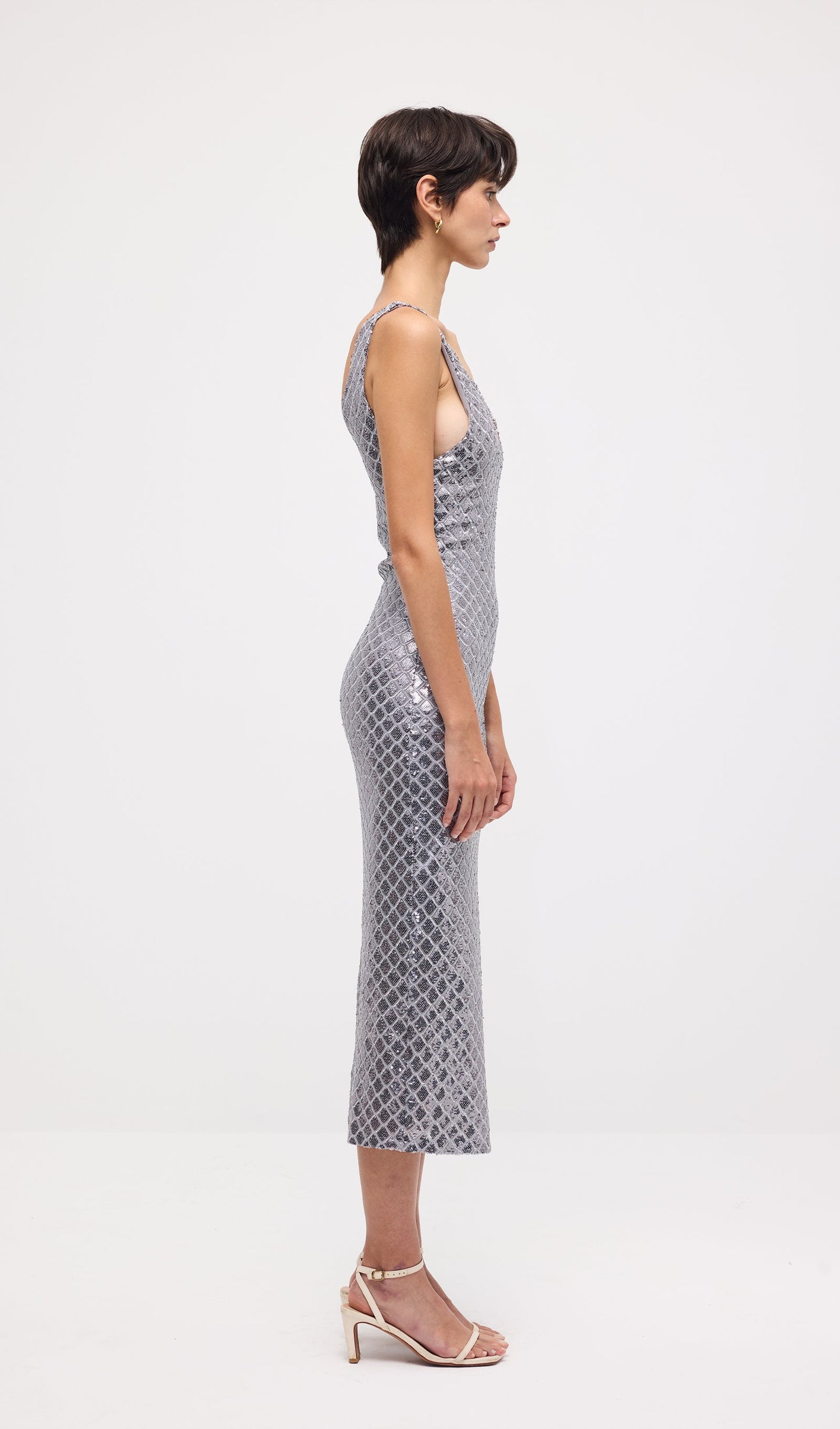 Sleeveless Embellished V Neck Midi Dress