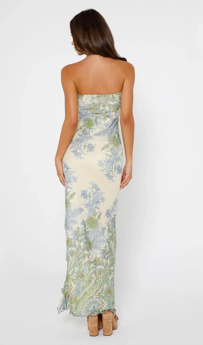 Printed Strapless Slit Midi Dress