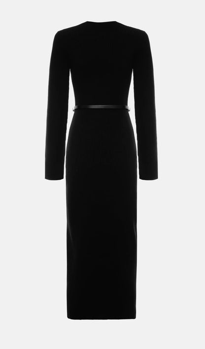 Knitted V Neck Midi Dress -Black