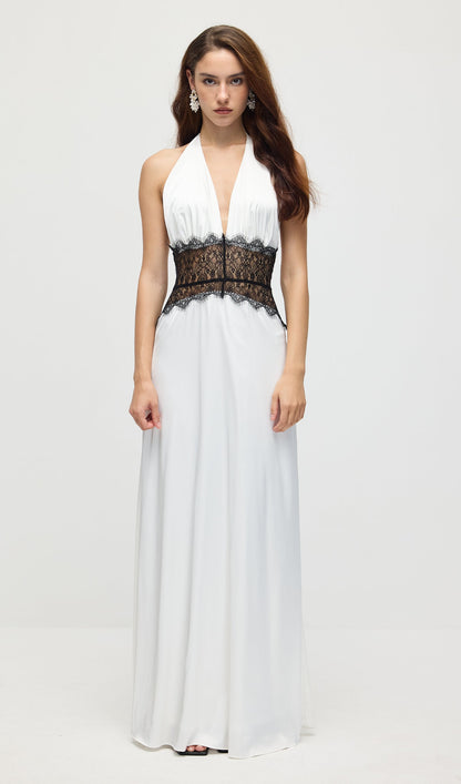 Lace And Satin Maxi Dress In White