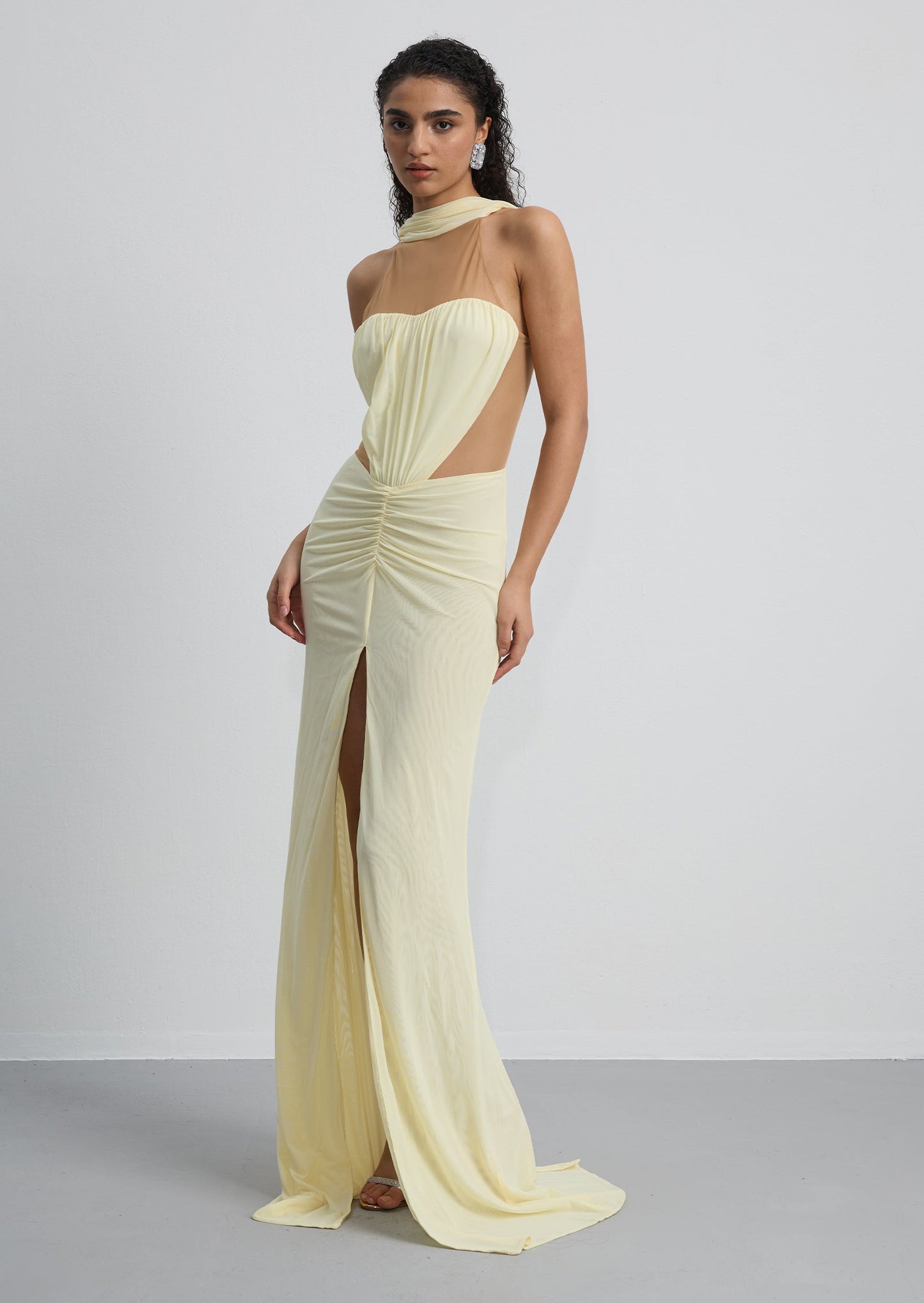 Ruched Halter Neck Slit Gown