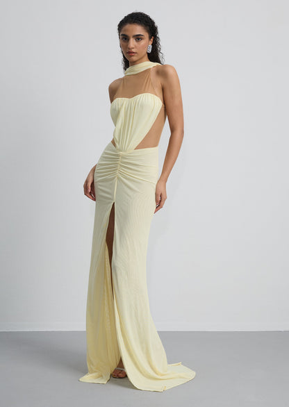 Ruched Halter Neck Slit Gown
