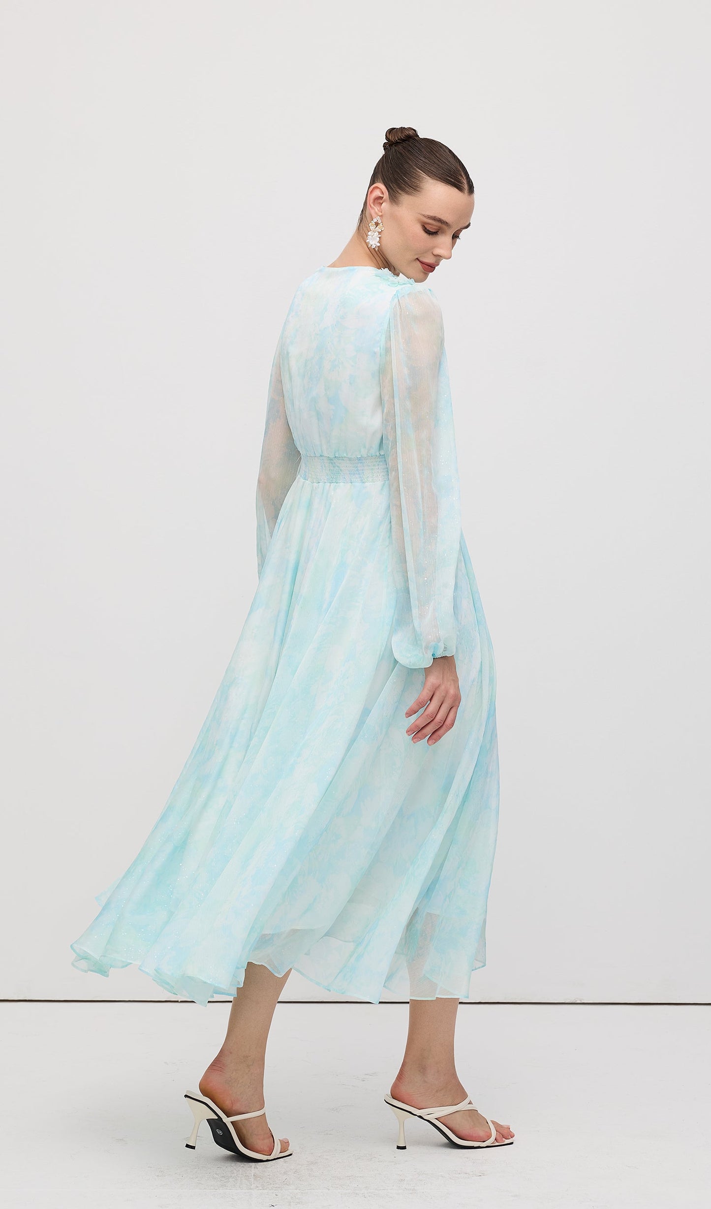 V Neck Ruched Waist Pleated Midi Dress