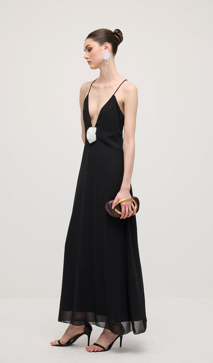 V Neck Halter Maxi Dress In Black