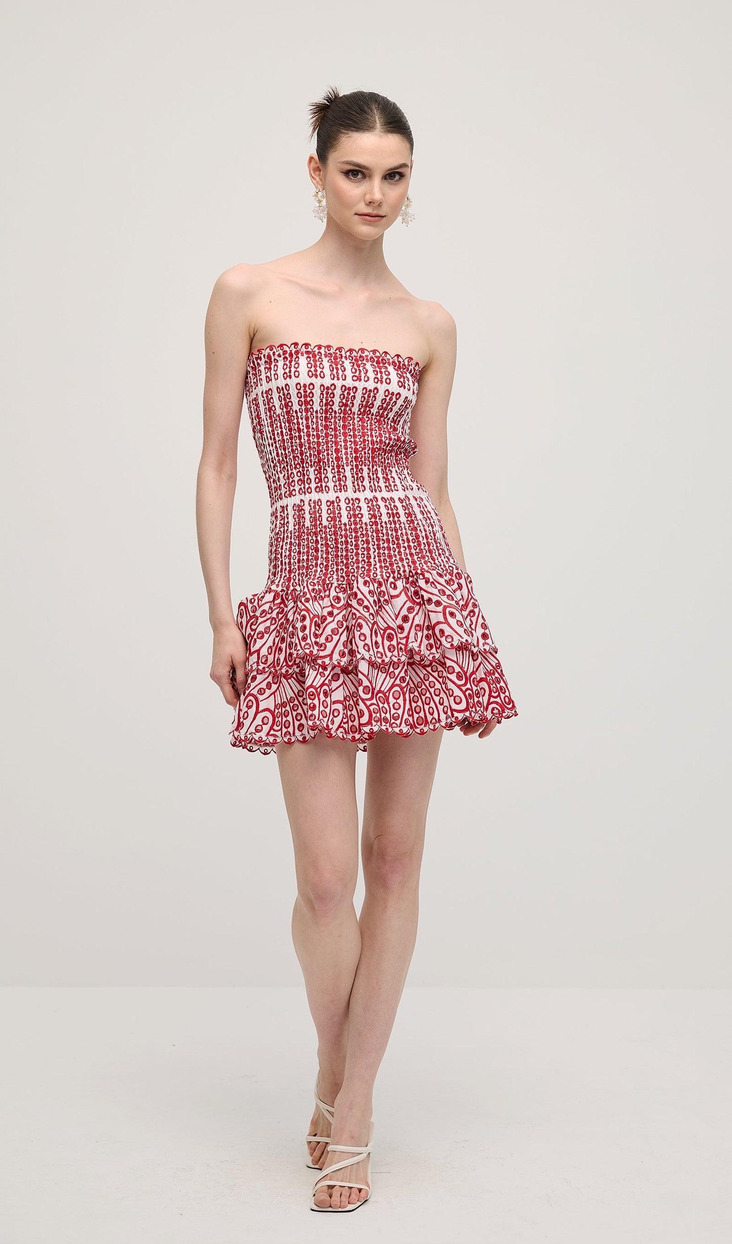 Embroidered Eyelet Cotton Mini Dress In Red