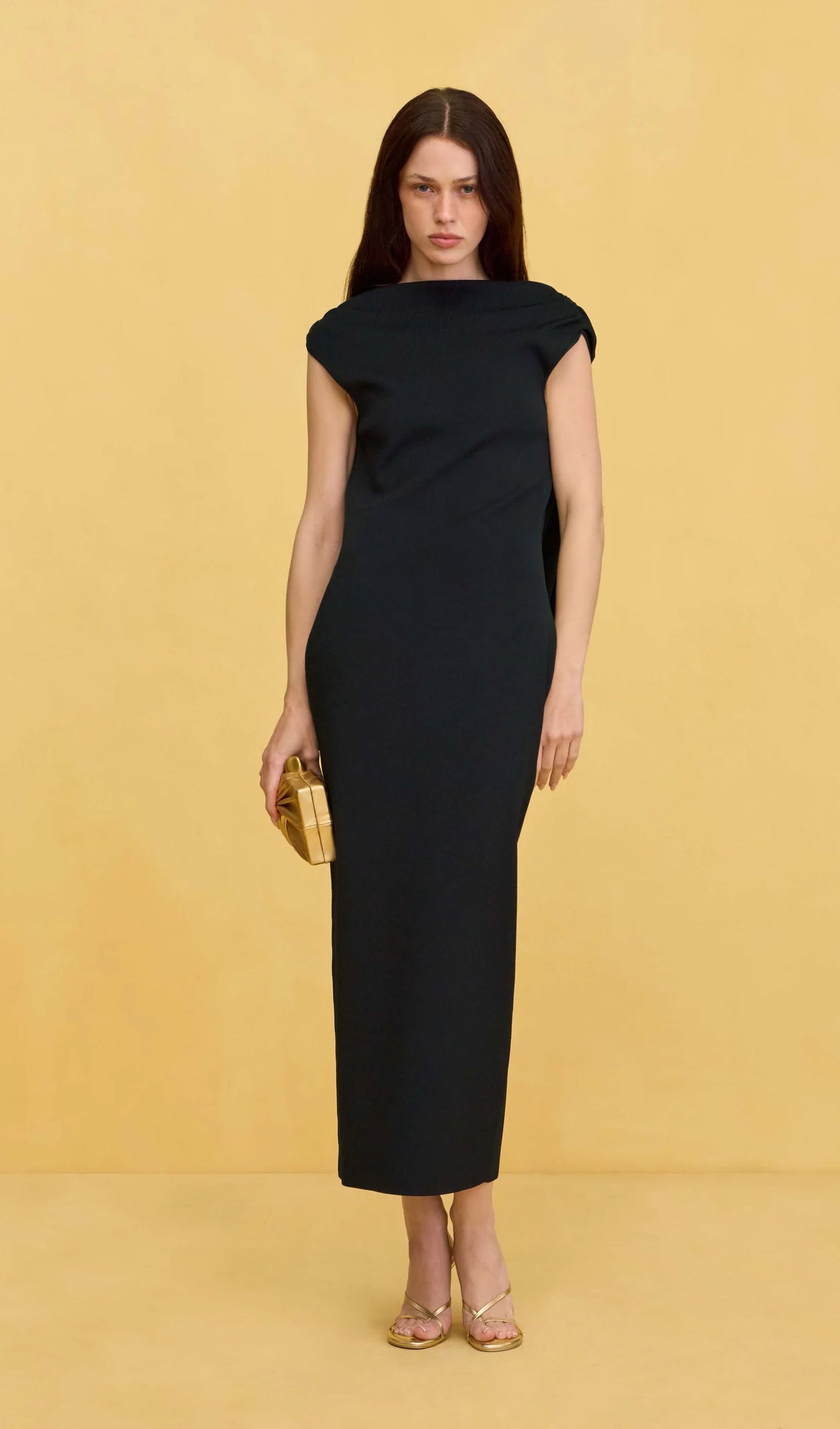 Knit Deep Cowl Back Midi Dress In Black