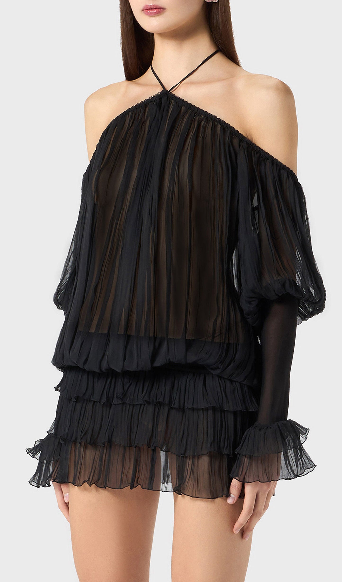 Long Sleeve Pleated Dress In Black
