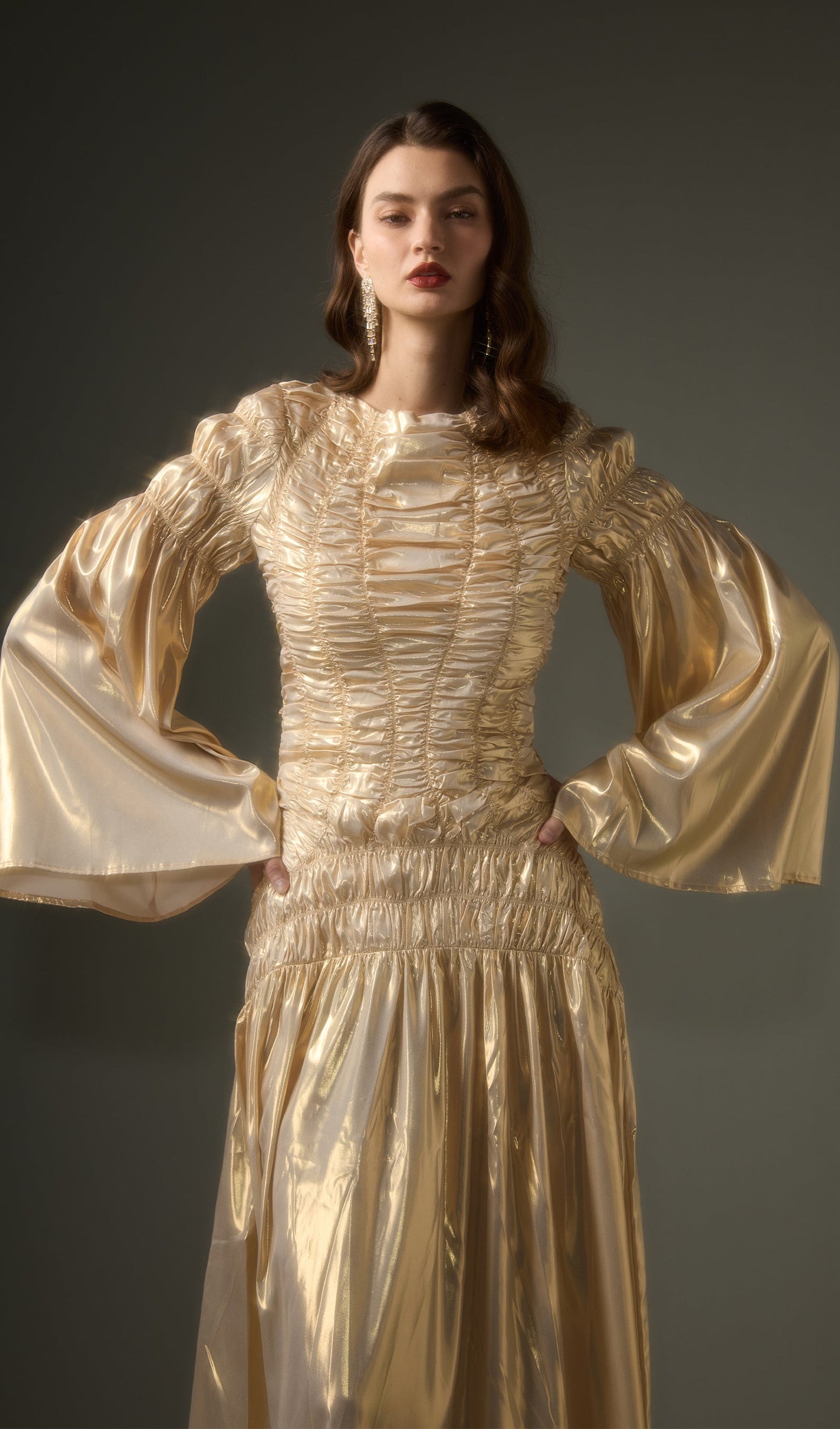 Solid Metallic Elasticated Gathers Maxi Dress