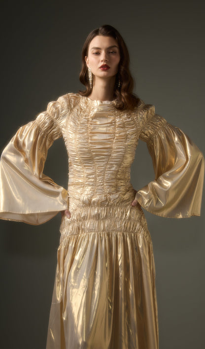 Solid Metallic Elasticated Gathers Maxi Dress