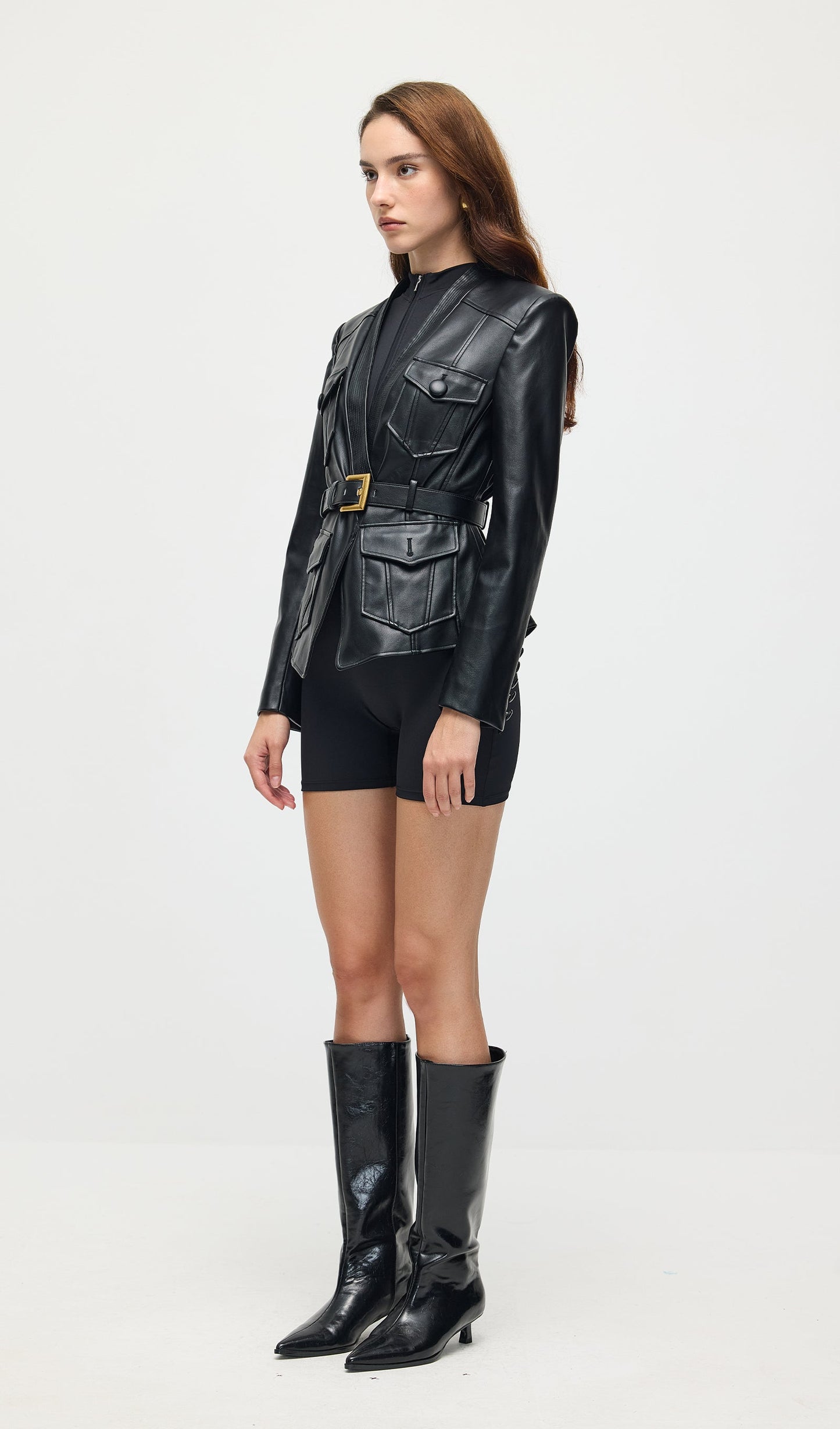 Button Belted Leather Jacket In Black