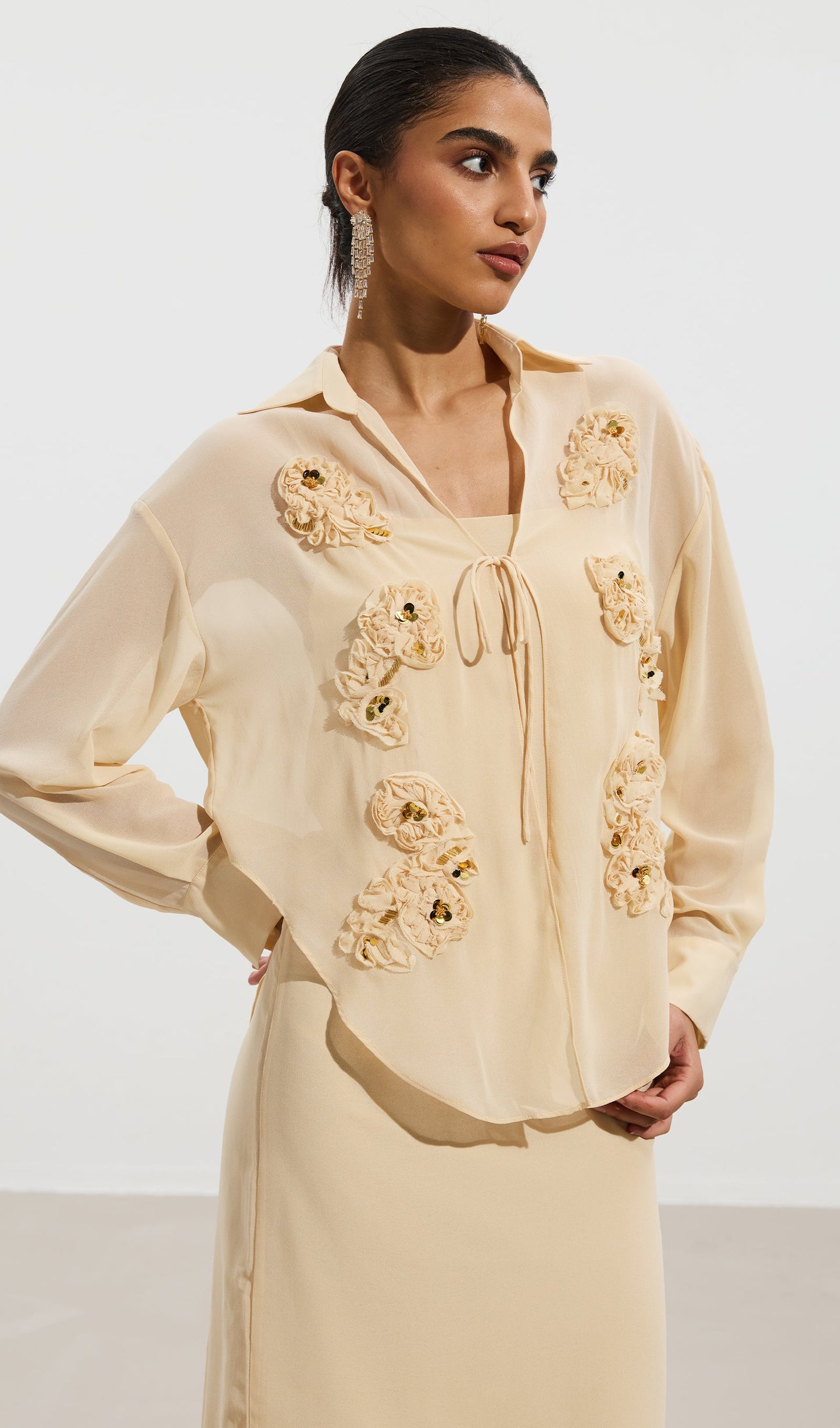 Embroidered Sequined Flower Shirt & Skirt Set