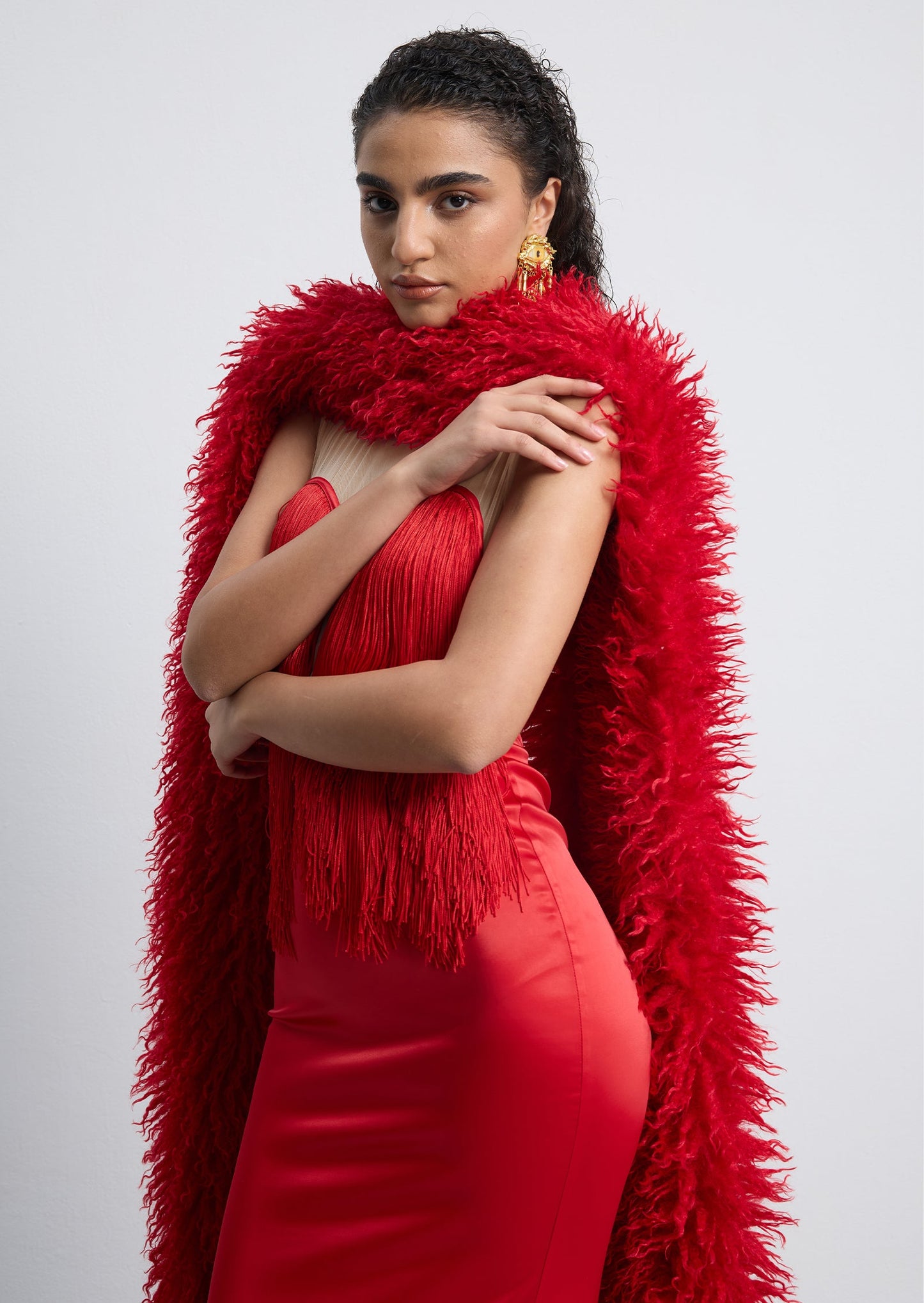 Hiba Fringe Detail Satin Maxi Dress With Fur Collar