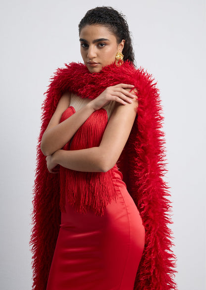 Hiba Fringe Detail Satin Maxi Dress With Fur Collar