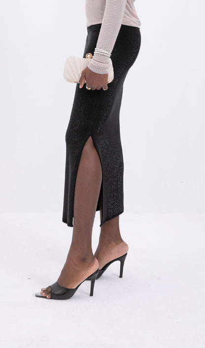 Black Tone Beaded Midi Skirt