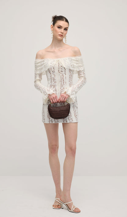 Vintage Floral Lace Off Shoulder Mini Dress