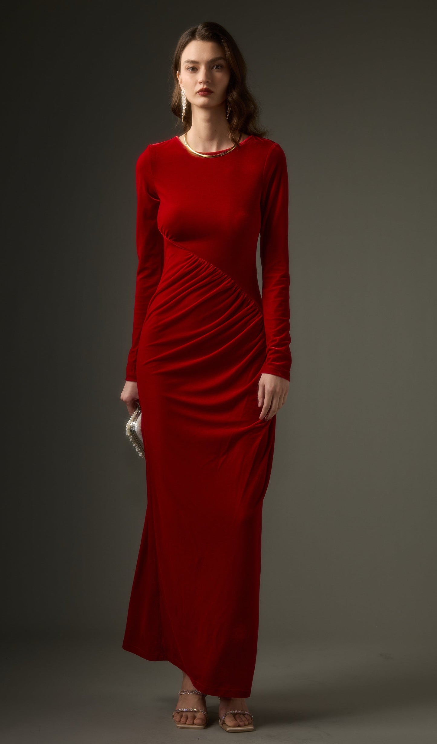 Long Sleeved Gathers  Maxi Dress In Red