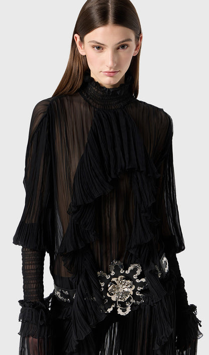 Pleated Silk-Chiffon Slit Maxi Dress In Black