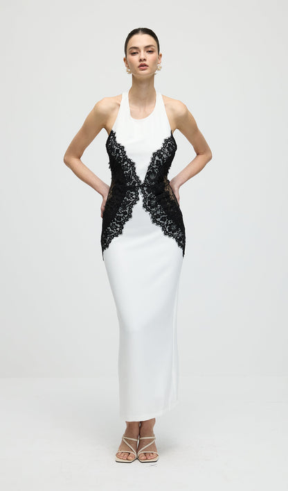 Solid Open Back Maxi Dress In Crepe & Lace