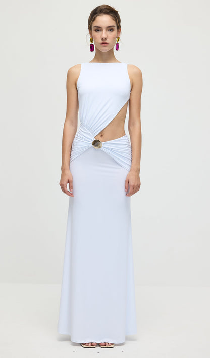 Draping And Shell Decorations Maxi Dress In White