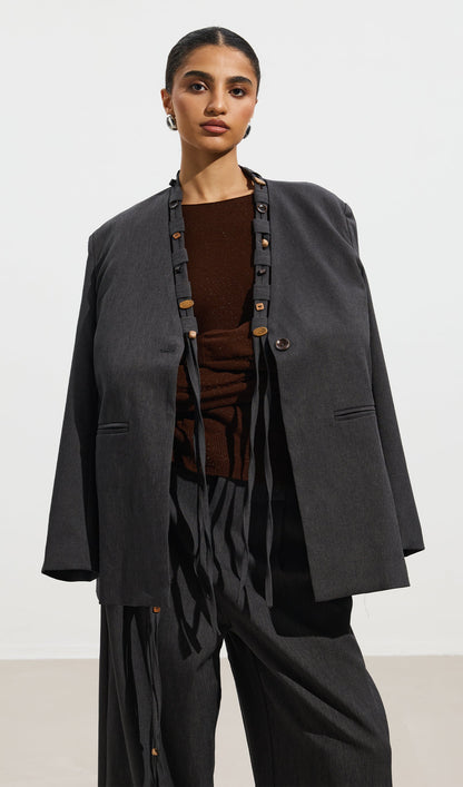 Wooden Button Top & Belted Suit Pants Set