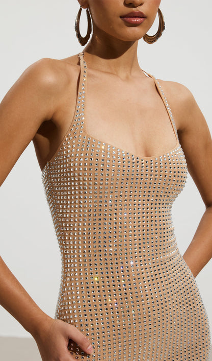 Embellished Halterneck Mini Dress In Honey