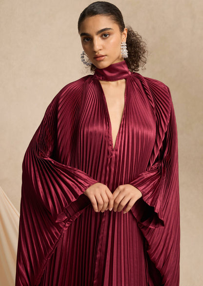 Hiba V Neckline Pleats Ruffled Maxi Dress In Burgundy