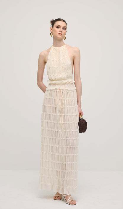 Halter Top & Ruched Detail Maxi Skirt Sets In White